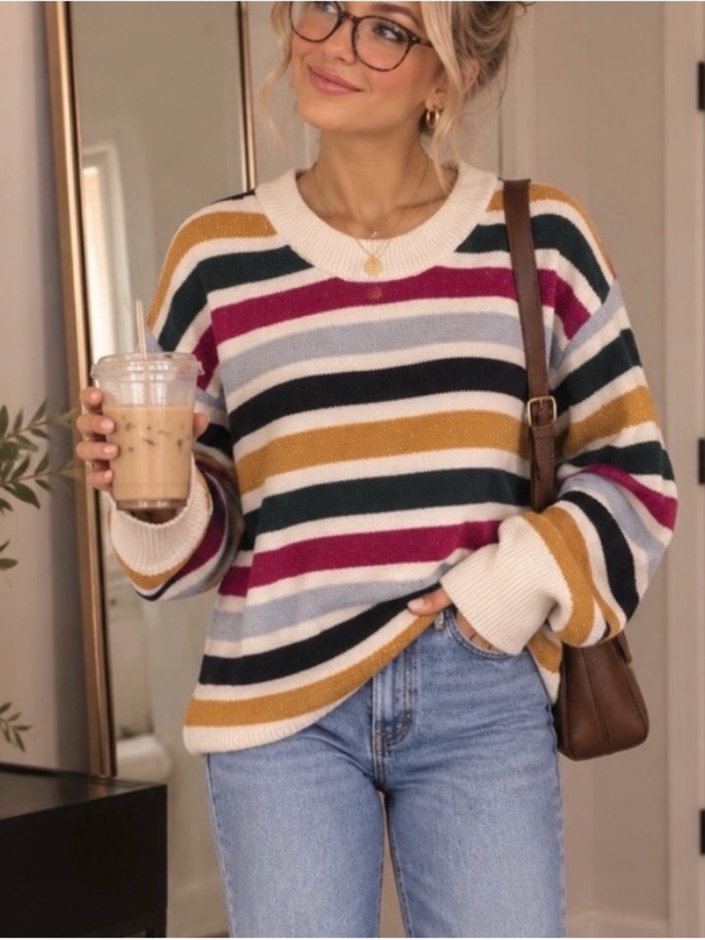 Style & Co. Striped Crewneck Sweater in Mustard, Navy, Pink & Cream